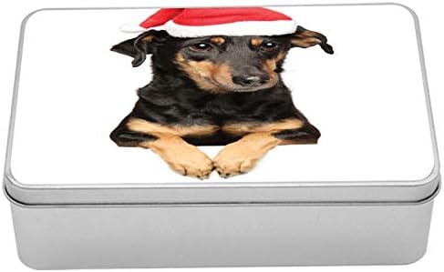 Ambsonne Dog Paws Metal Box, Fotografija jazavca iz stvarnog života u šeširu Djeda Mraza koji sjedi na običnoj pozadini, višenamjenski