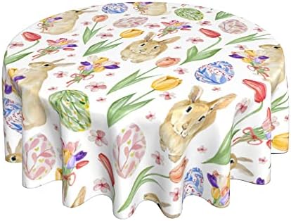 Proljetni tulipani zečevi jaje akvarel stolnjak Okrugli pokrivač stolnjaka otporan na mrlje i vodu perivi ukrasni ukras za večeru za