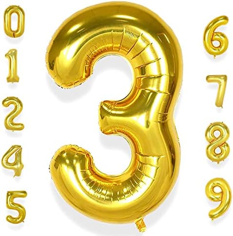 + 40-inčni veliki zlatni balon s 3 broja, veliki baloni s helijskim brojem od folije 0-9, divovski ukrasi za zabavu za 3. rođendan