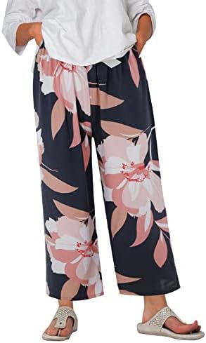 Meymia ženske pamučne lanene hlače, 2023 Ljetne žene rastezanje visokog struka labave fit široke noge obrezane plaže palazzo gaćice