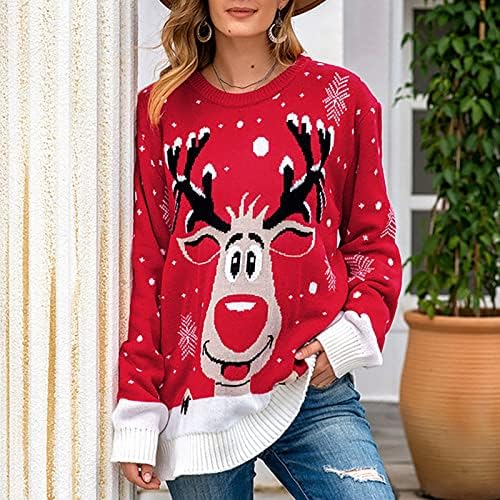 Ženski posada s dugim rukavima vrat Božić snijeg i jeleni pleteni džemper Tops muški puni džemper s zip vunom