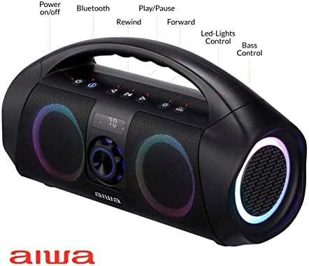 AIWA prijenosni boombox - Vodootporan Bluetooth zvučnik, punjivi bežični boombox s LED rasvjetom i digitalnim zaslonom u više boja,