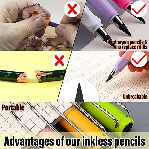Ablink 6pcs vječna olovka, olovke bez tinte vječne s 6pcs zamjenskim grickalicama, magične olovke za olovke za olovku, prijenosna olovka