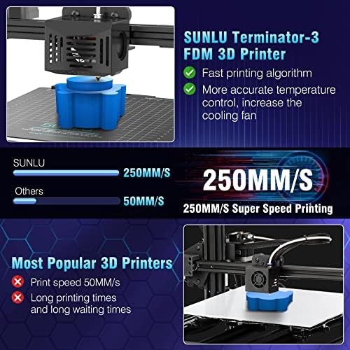 SUNLU T3 FDM 3D pisač i PLA Meta filament Black 1kg, 250 mm/s Terminator velike brzine 3 3D pisač, veličina ispisa 8.66x8.66x9.84 inča