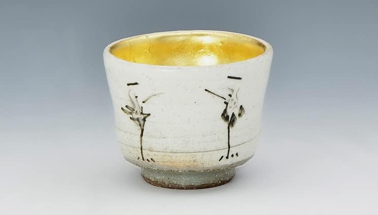 Kyo-yaki. Japanski sake Guinomi Cup Zlatna dizalica. Drvena kutija. Keramika.