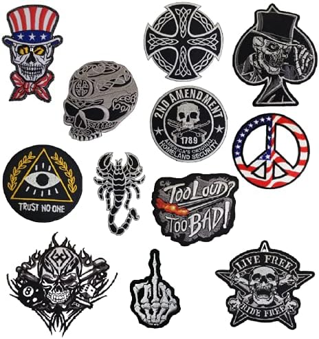 Xomise set 1201 - puno 12 miješanih set rock punk crno -lubanja Applique Iron na vezenim zakrpama za biciklističke jakne za bicikliste